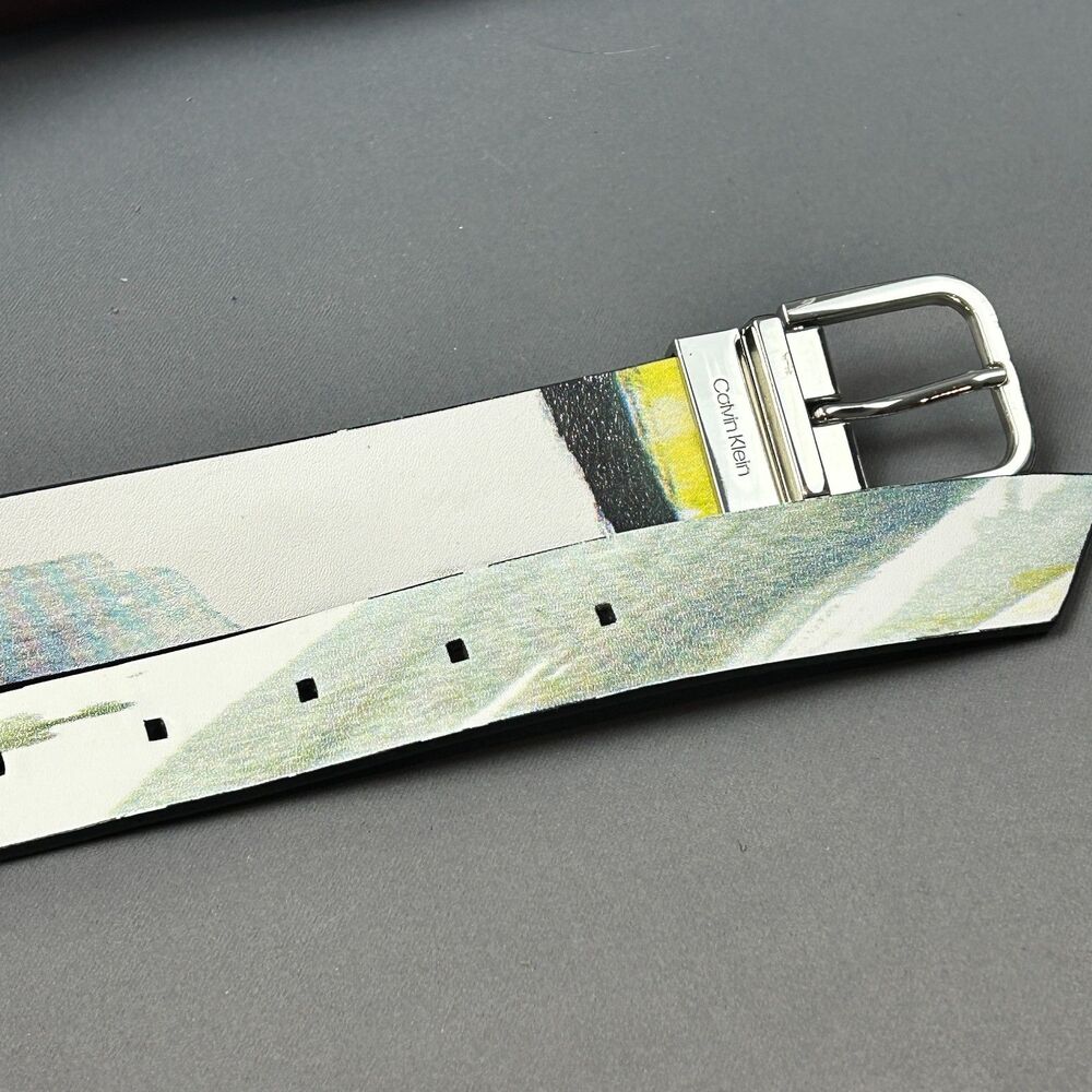 Calvin Klein Leather 1.25" White Yellow Graphic Belt Size L Silver Tone Buckle - Picture 7 of 16
